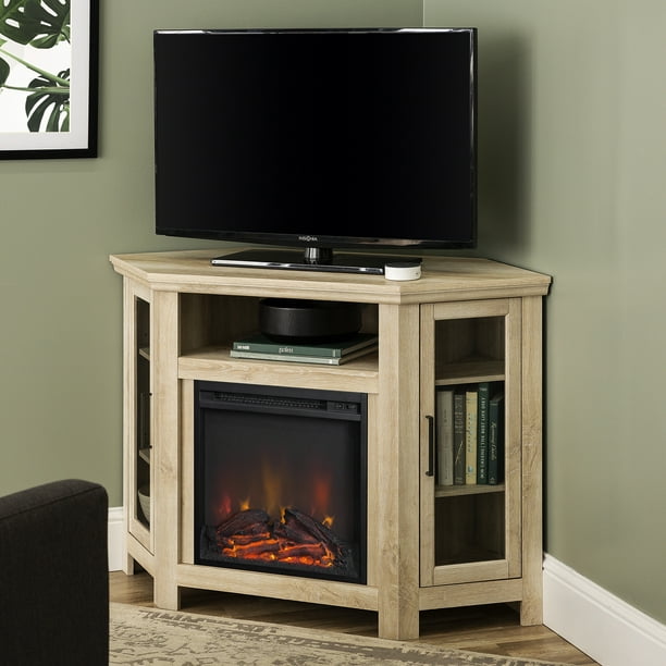 Walker Edison White Oak Corner, Corner Tv Stand With Fireplace 65 Inches