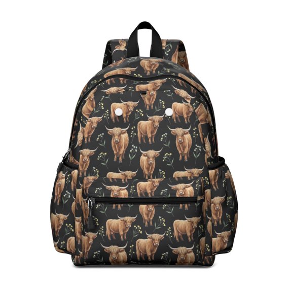 Highland Cow and Flower Print Cute School Backpack with Padded Back and Adjustable Shoulder Straps 13.4"x11"x4.7"