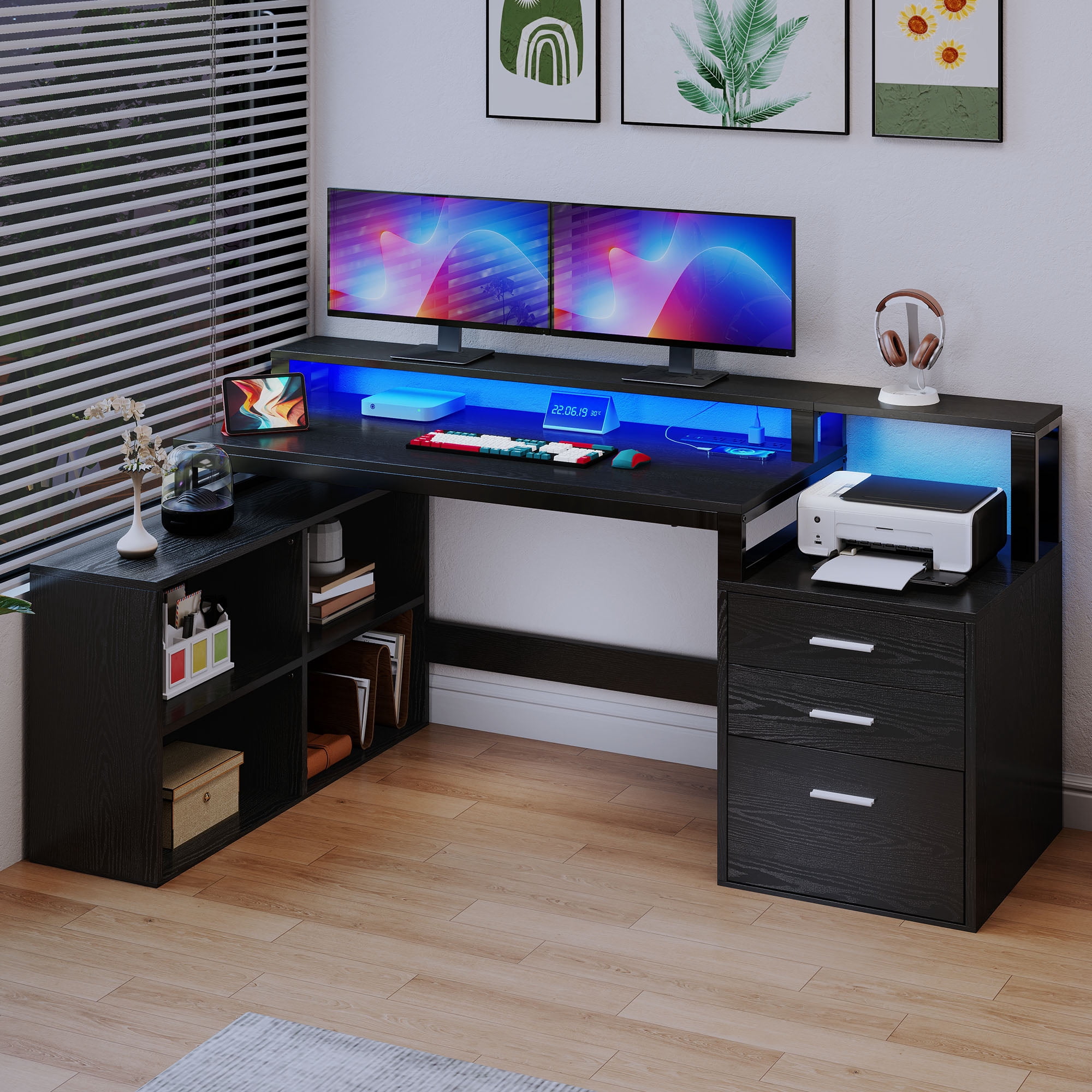 Dextrus 65" L Shaped Desk with Power Outlets and Monitor Stand , Computer Desk with LED Light &File Cabinet, Corner Desk with 3 Drawers & 4 Open Storage Shelves, White Modern Home Office Desk, Black
