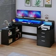 thumbnail image 3 of Dextrus 65" L Shaped Desk with Power Outlets and Monitor Stand , Computer Desk with LED Light &File Cabinet, Corner Desk with 3 Drawers & 4 Open Storage Shelves, White Modern Home Office Desk, Black, 3 of 11