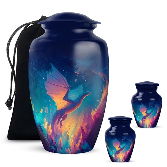 Yatskia Glowing Fire Crystal Dragon Small Memorial Urns for Human Ashes Adult, Large Burial Urn for Ashes Adult, (Classic 10 Inch and 3 Inch)