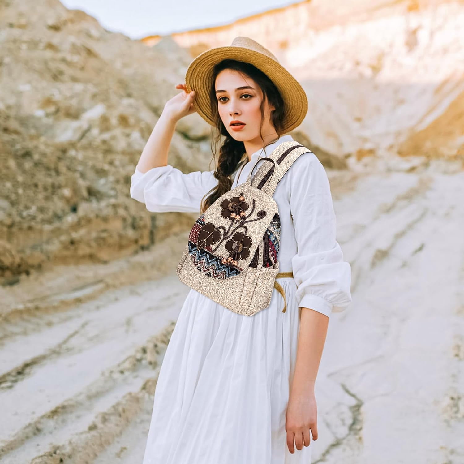 Backpack for Women, Boho Crossbody Sling Bags for Women with Cute Hand-woven Pattern Mini and Small Backpack (Flower)