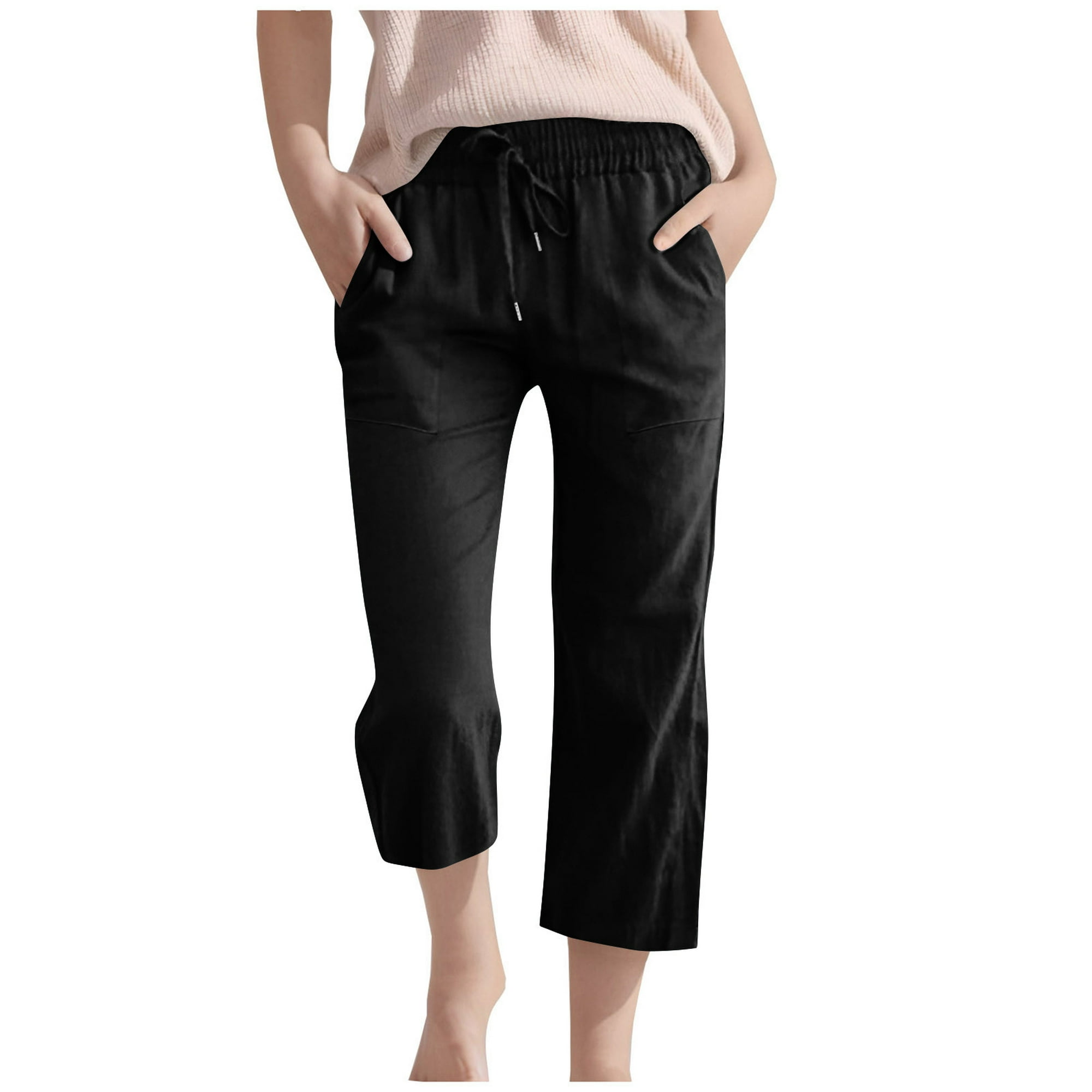 UQJfacai Girls Pants Linen Summer Casual Capri Pant Drawstring Elastic High Waist Lounge Wide Leg Cropped Trouser with Pockets 3-14 Years