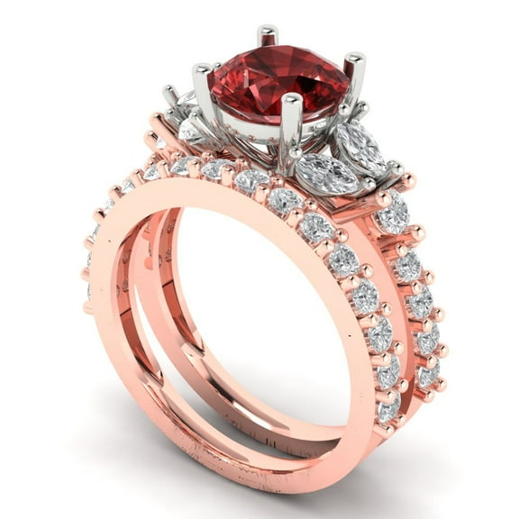 3.06 ct Brilliant Round Cut Natural Garnet 18K Rose/White Gold Solitaire with Accents Engagement Bridal Wedding Ring Band Set size 3.5