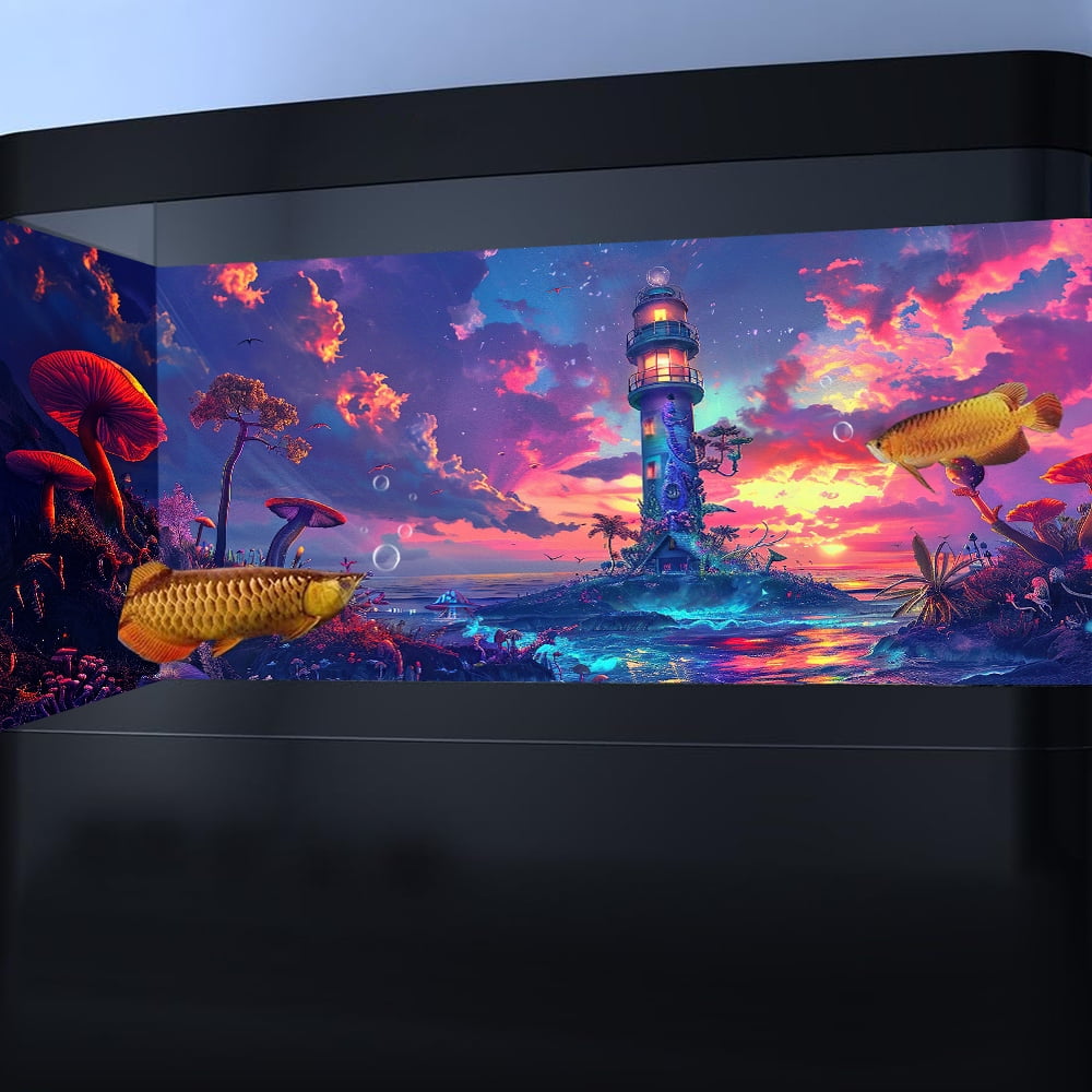 Aquarium Background with Cloud Sky Design, Fantasy Landscape Tapestry Trippy Neon Galaxy Space Fish Tank, Nature Lighthouse Lake Tapestry Wall Hanging Decor for Home