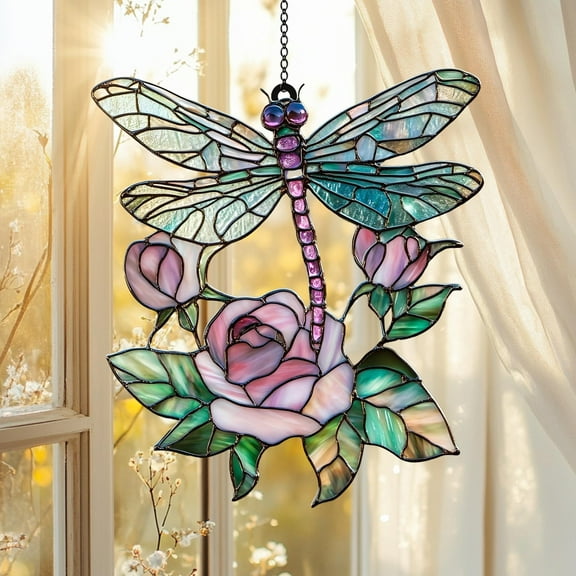 Dragonfly and Pink Roses ACRYLIC Suncatcher, Faux Stained Glass Flower Window Hanging, Floral Nature Decor, Gift for Garden and Home Lovers