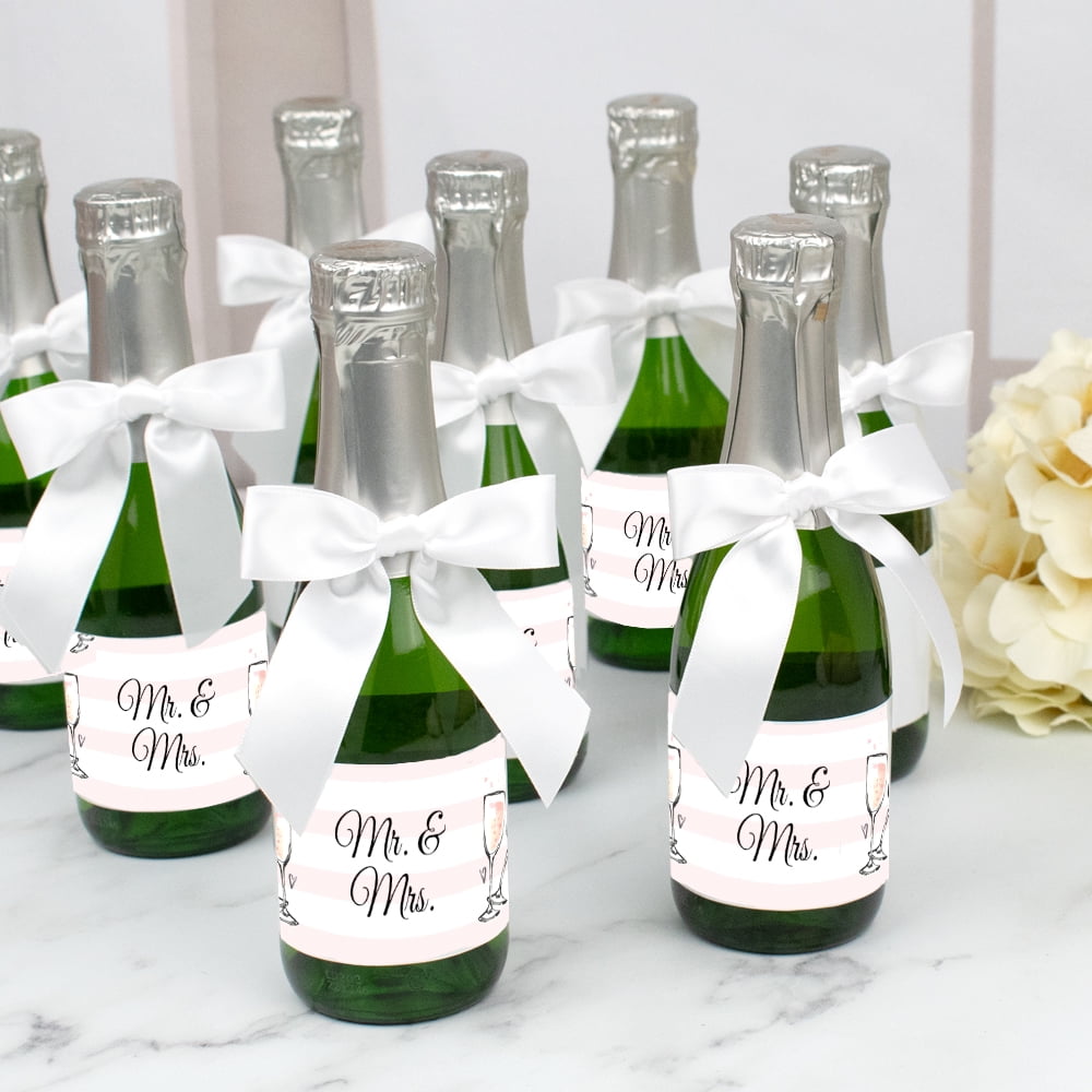 15ct Wedding Bottle Label & White Bow Kit, Custom Adhesive Bottle Labels (15 Labels) - Wine and Champagne Bottle Labels - Pink Bridal Shower Favors Mr. & Mrs. - Bows Included