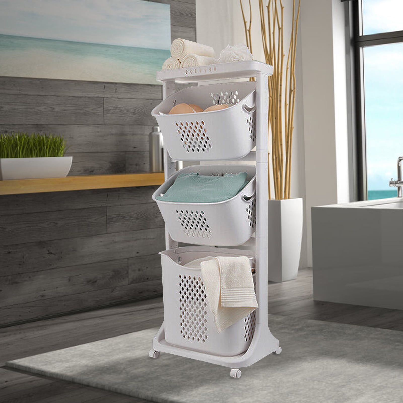 3-Tier Laundry Hamper Basket Sorter with Wheels Clothes Storage Organizer Shelf Rolling Cart, 17"×13"×43"