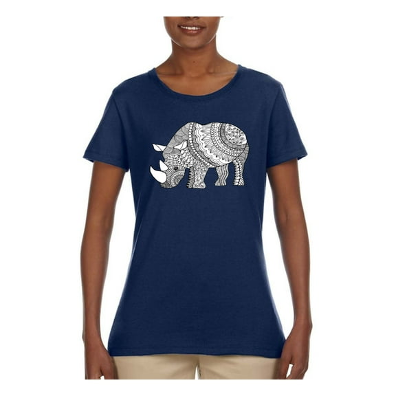 Black and White Mosaic Retro Mandala Rhino Animal Lover Womens Graphic T-Shirt, Navy, Medium