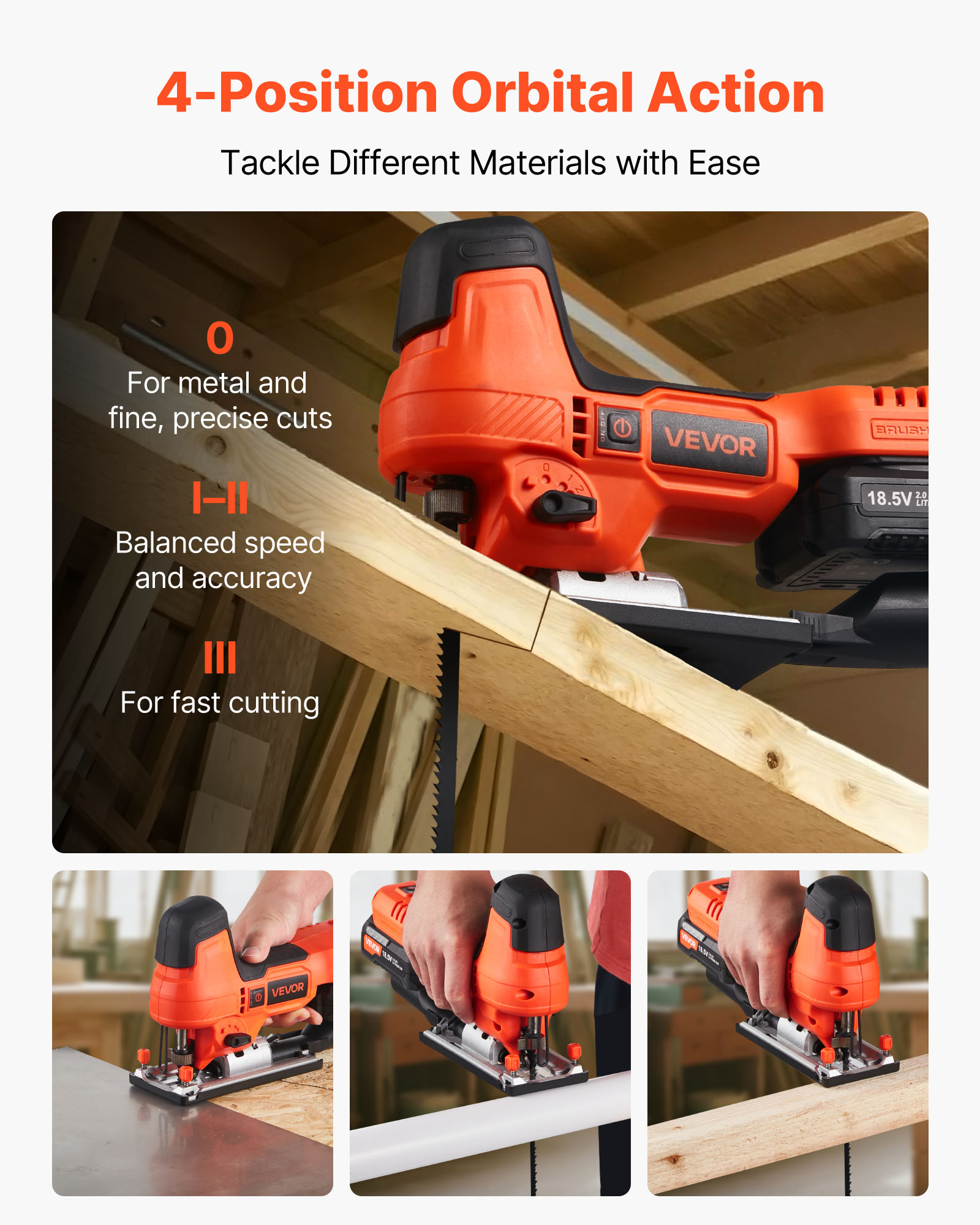 VEVOR Cordless Jig Saw, 20 V Brushless Motor, 3500 SPM Blade Speed, Cordless Jigsaw with 6 pcs Blades, LED Light, 6 Variable Speed, 0- 45° Bevel Cuts, 4 Orbital Settings for Straight/Circle Cutting
