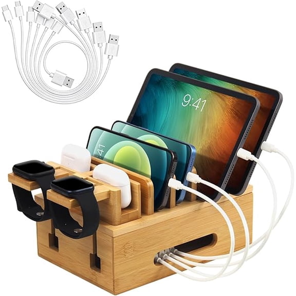 ZLCBamboo Charging Stations for Multi Devices, Wood Desktop Docking Station Charger Organizer for Cell Phones, Tablets, Earphones, Watch (Includes 6 Charging Cables) (No Power Supply)