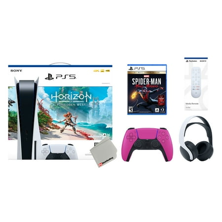 Sony Playstation 5 Disc Horizon Forbidden West Bundle with Extra Nova Pink Controller, White PULSE 3D Headset, Spider-Man: Miles Morales Ultimate and Remote