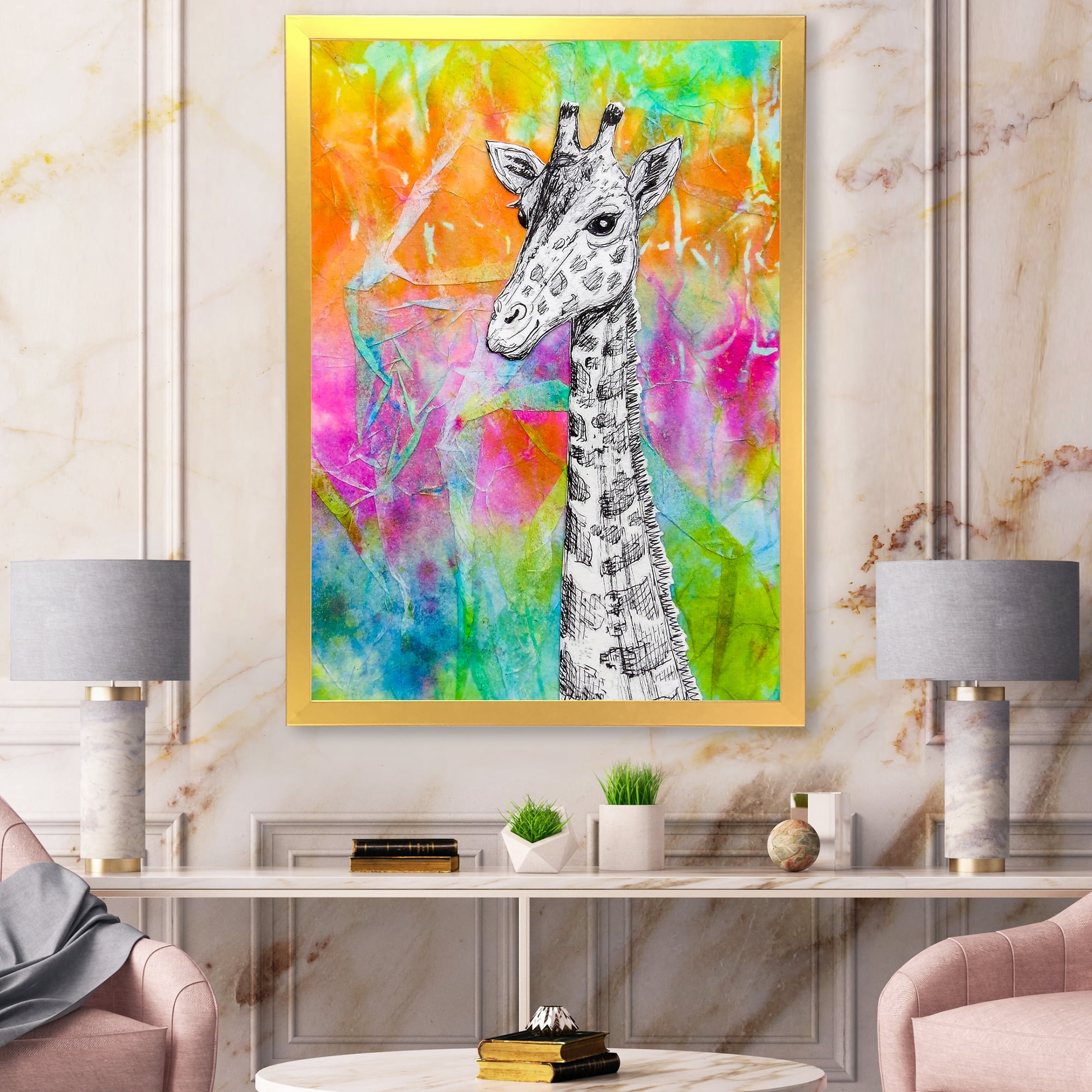 Designart 'Monochrome Giraffe Drawing On Bright Rainbow' Children's Art Framed Art Print