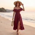 thumbnail image 4 of UDAUDU Women's Midi Dress 2026 Spring Summer Off The Shoulder Satin Wedding Guest Dresses Wrap Party Cocktail Formal Prom Dresses Wine M, 4 of 7