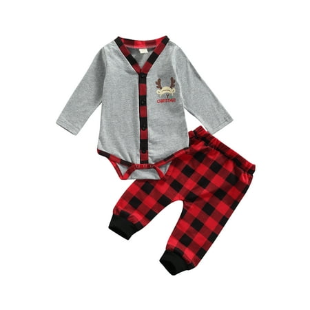 

Seyurigaoka Baby Girls/Boys 2Pcs Christmas Outfits Button Down Romper + Plaid Pants