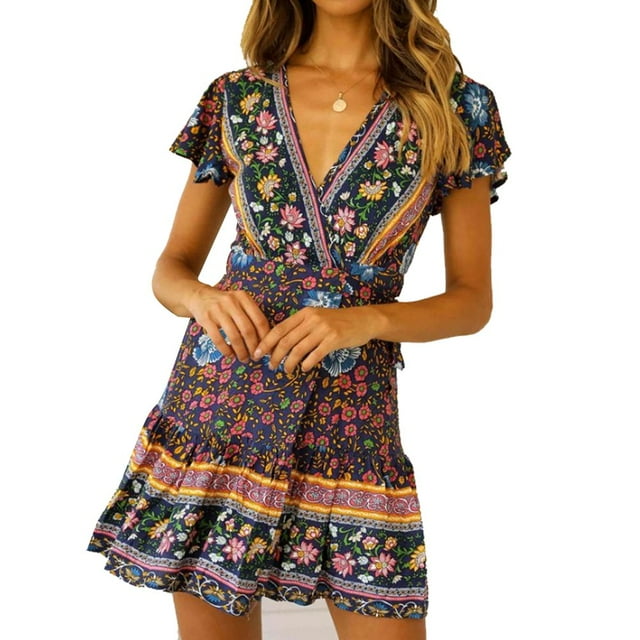 Robe Portefeuille Bohème à Fleurs d'Été pour Femmes, Robe d'Été pour Dames