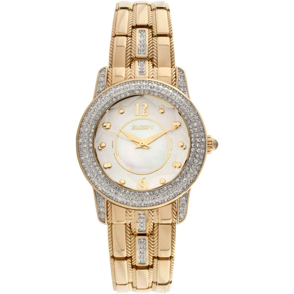 Elgin - Women's Gold-Tone White Mother of Pearl and Sunray Dial Round ...