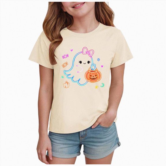 Xyant Halloween Shirts for Kids, Girls Pumpkin Ghost Tshirts Toddler Cotton Short Sleeve Tees,Size 11-12 Years