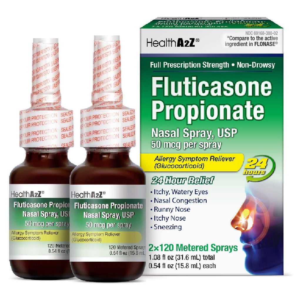 HealthA2Z Fluticasone Propionate Nasal Spray | 240 Sprays | 50 mcg per Spray | 24 Hour Allergy Relief | 120 Sprays x 2 Pack | Relief from Nasal Congestion | Runny Nose | Sneezing