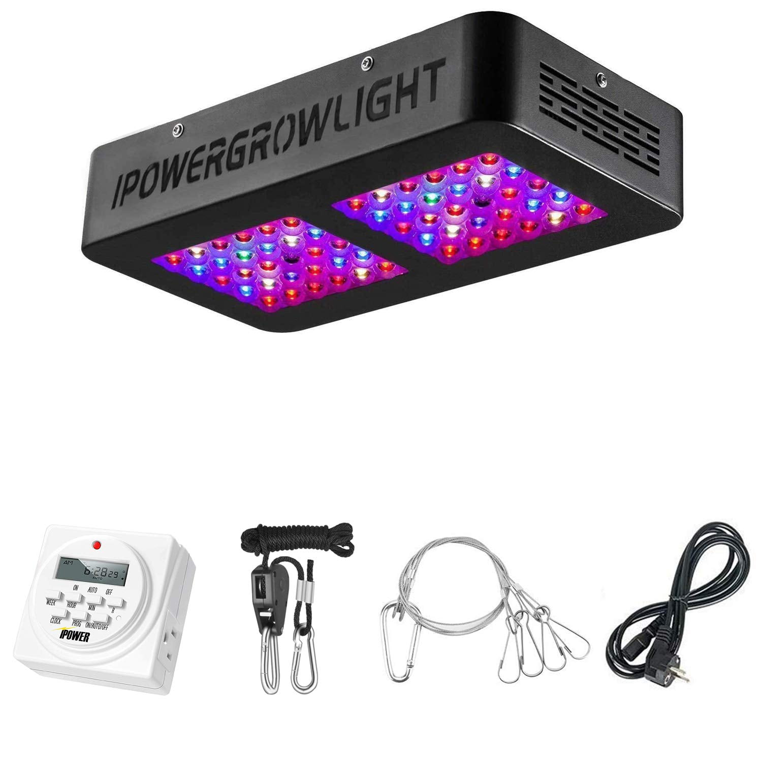iPower 300W LED Grow Light with Timer & Rope Full Spectrum for Indoor Plants Veg 