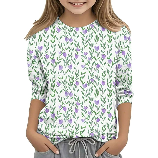 SERTG Hauts Mignons pour Enfant Printemps Automne Été Manches 3/4 Col Rond Mignon T-Shirt de Sortie Imprimé Mode Tenues Manches Mi-Longues 3-12 Ans (Vert#3,11 Ans)