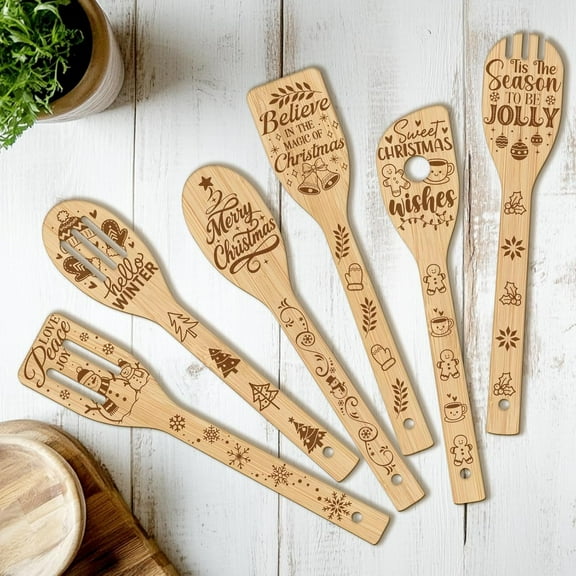 6PCS Christmas Greeting Wooden Kitchen Cooking Utensil Set Non Toxic Bamboo Wood Spoon Set for Cooking Best Housewarming Birthday Thanksgiving Christmas Gift for Women Mother BurlyWood
