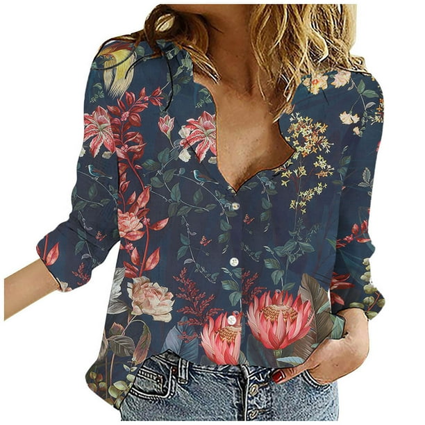 Pntutb Blusa de manga larga con botones sueltos para mujer, informal, a la moda, con solapa Pntutb Pntutb-3689
