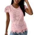 thumbnail image 2 of Lenago Wonens Tops Tops Women Tops Wimens Tops Ladies' Casual And Fashionable Round Neck Lace Petal Short Sleeved Top Pink XXL, 2 of 6