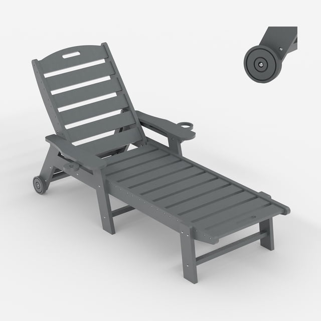 Chaise Longue d'Extérieur Avec/sans Roues, Grande Chaise Longue d'Extérieur Réglable à 5 Positions avec Porte-Gobelet, Chaise Longue de Patio en Résine HDPE pour Bord de Piscine pour Terrasse, Patio, Cour Arrière