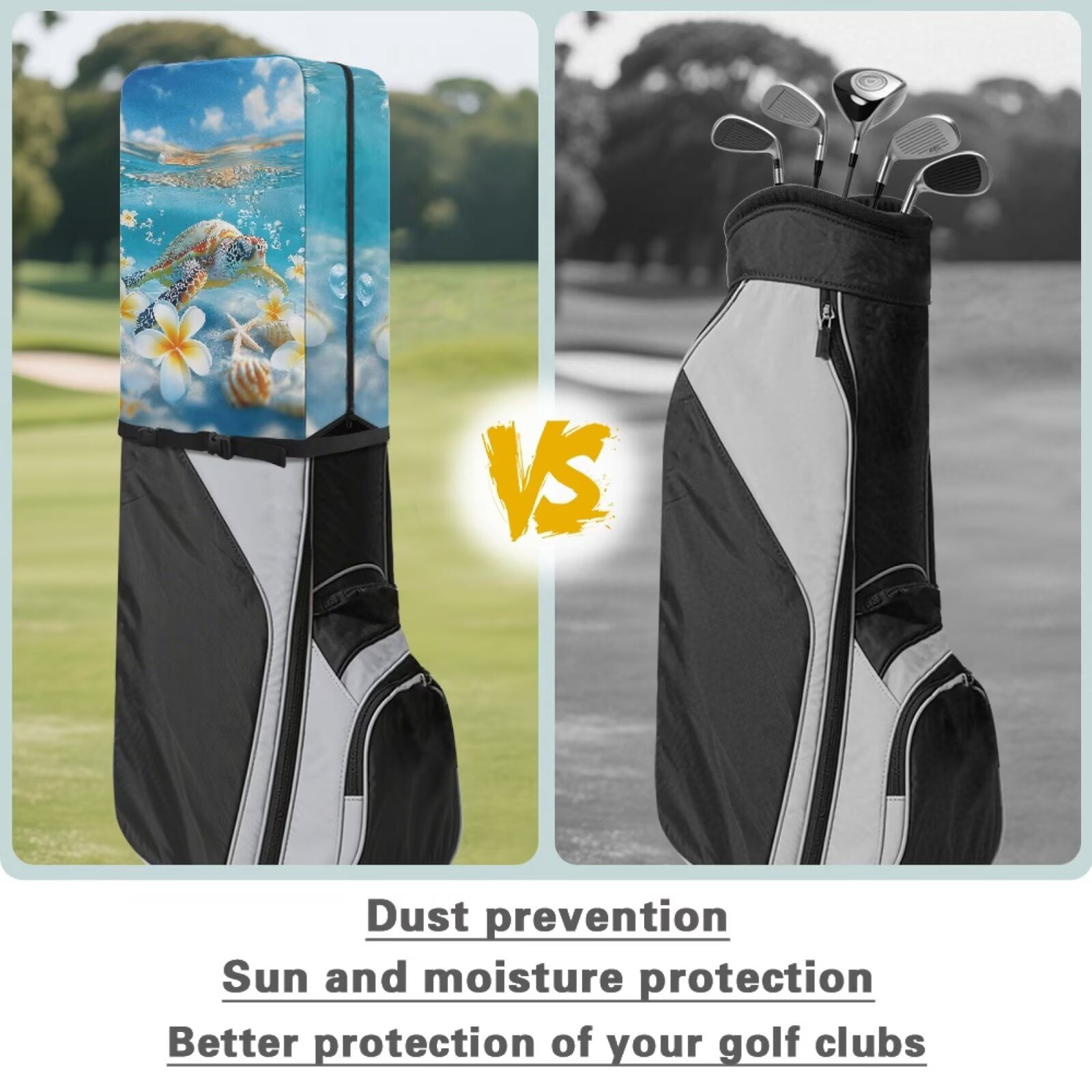 Chririnla Sea Turtle Starfish Golf Bag Rain Cover Dust & Sun Protection Umbrella for Clubs with Snap Button Universal Fit for Most Club Bags, Stand Bags, Cart Bags & Tour Bags