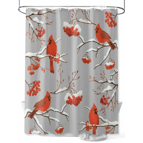 Christmas Cardinal Bird Shower Curtain Set ，Waterproof Fabric Shower Curtains Winter Red Birds Gray Shower Curtains for Bathroom,Bathroom Decor 48"x72"