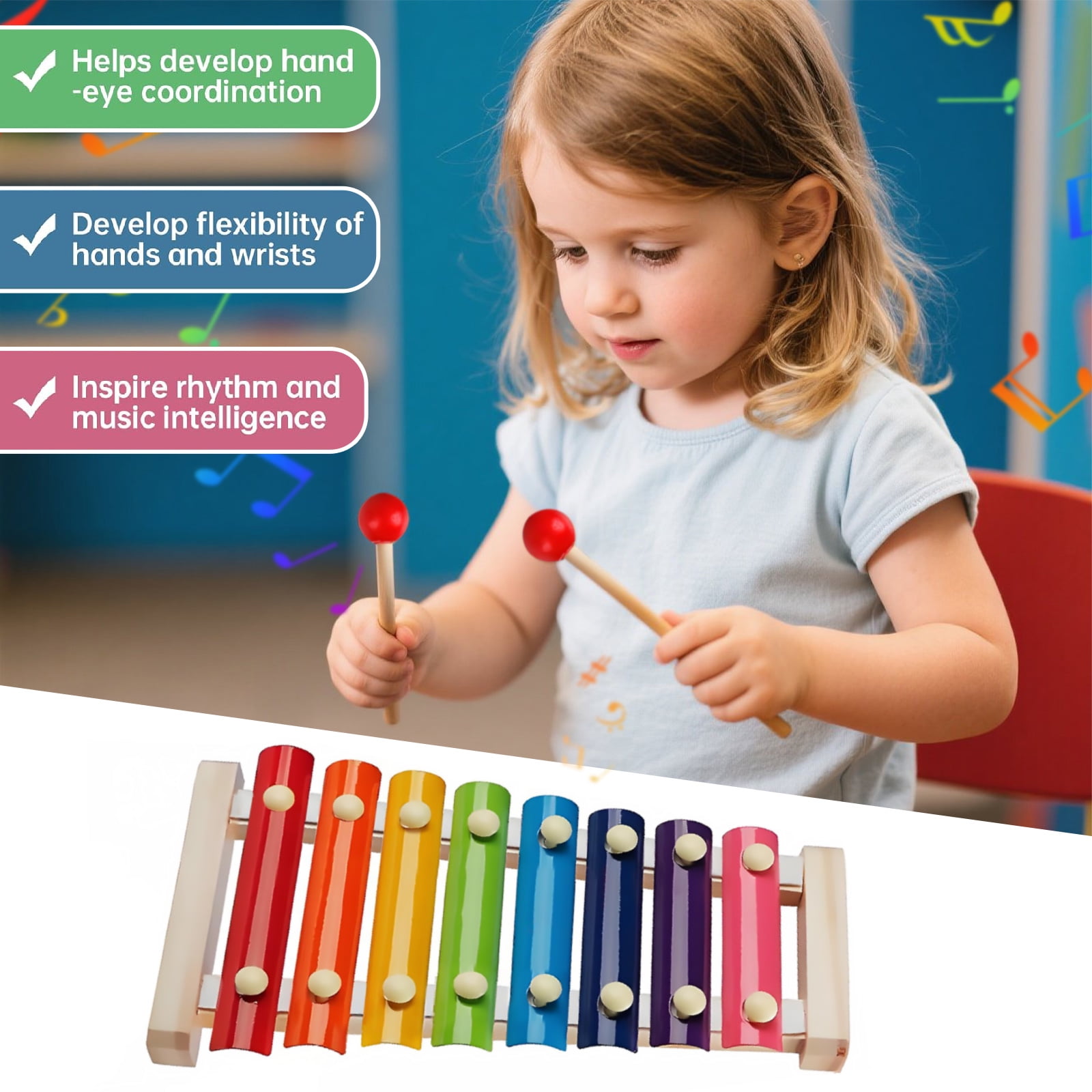 6 in 1 Montessori Baby Toys, Xylophone Musical, Infant Teethers Toys, Wooden Sorting Stacking Learning Toys Birthday Gift for Toddlers 1 2 3