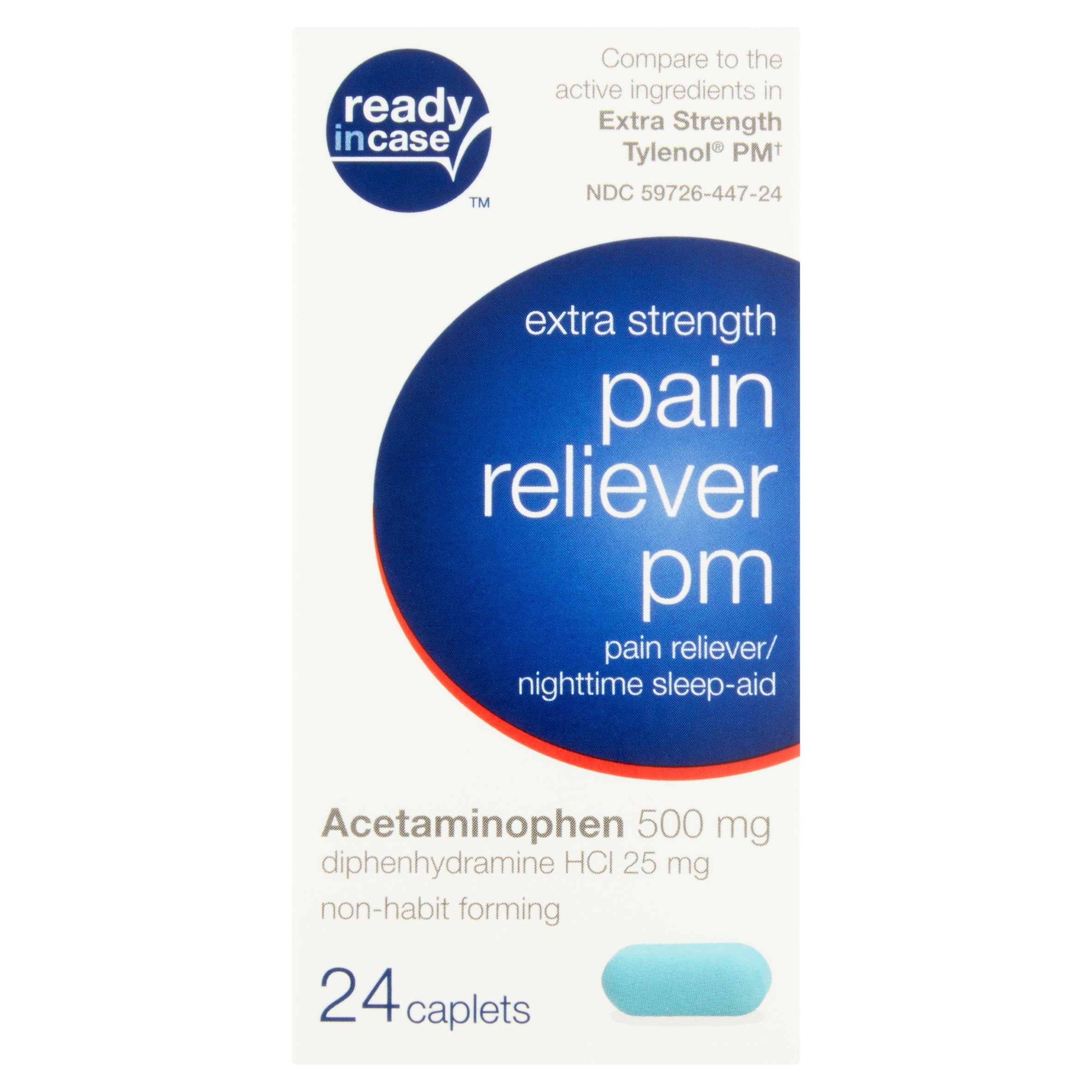 Ready in Case Extra Strength Pain Reliever Pm Caplets, 24 count