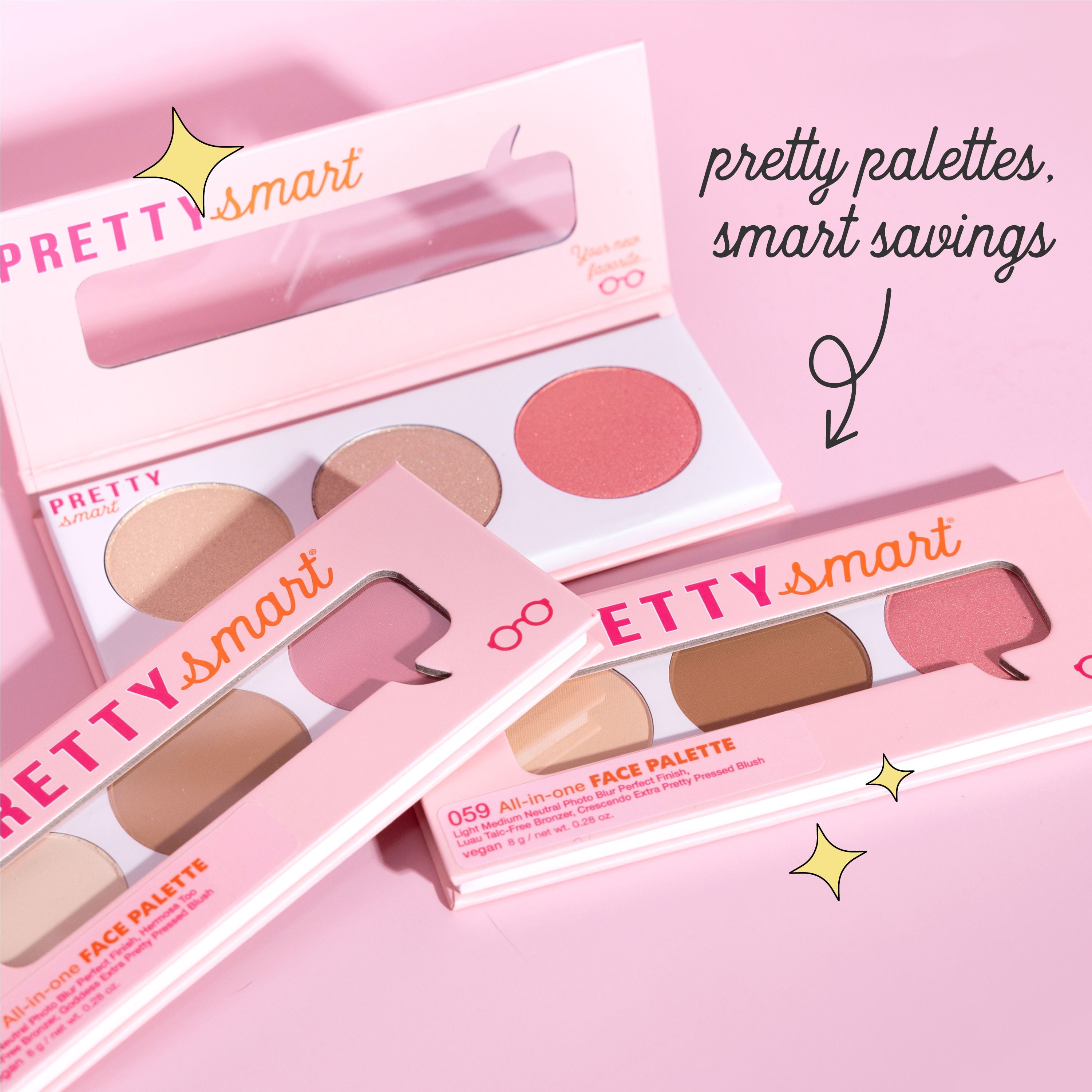 Pretty Smart All-in-one Face Palette 060, Light Neutral Photo Blur Perfect Finish, Hermosa Too Talc-Free Bronzer, Goddess Extra Pretty Pressed Blush, 8g