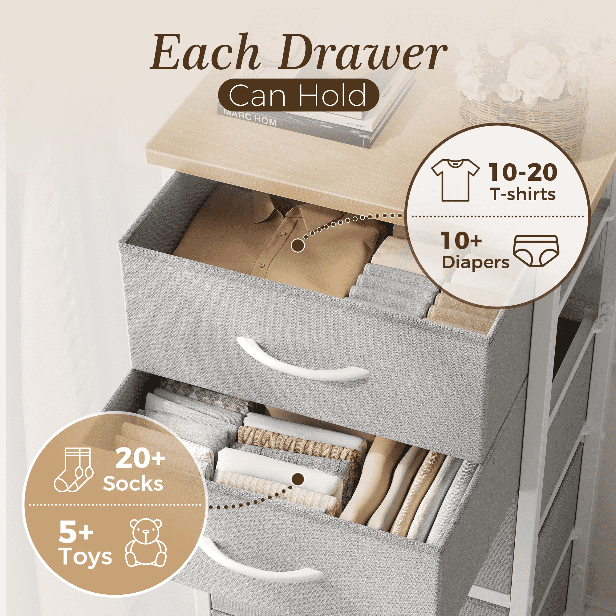 CONCETTA Tall Storage Dresser with 6 Fabric Drawers, Metal Frame with Cross Support Rods, Anti-Tip, Wood Top for Bedrooms, Offices and Compact Spaces, Light Gray