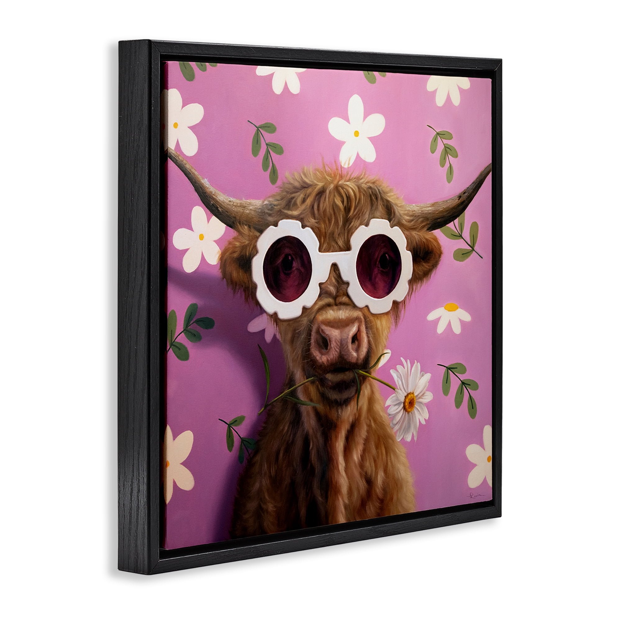 Stupell Industries Fresh As A Daisy Cattle Black Framed Floater Canvas Wall Art, design by Lucia Heffernan