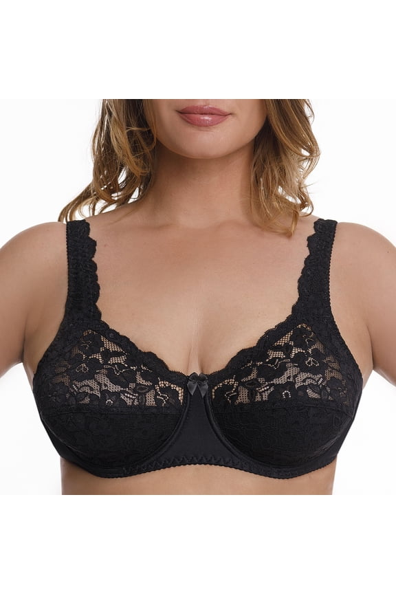 Plus Size Underwire Bra Full Coverage Minimizer Wide Straps Support Panels Non-Padded Lace Cups 34 36 38 40 42 44 / B C D E F G H ( 40D, Black)