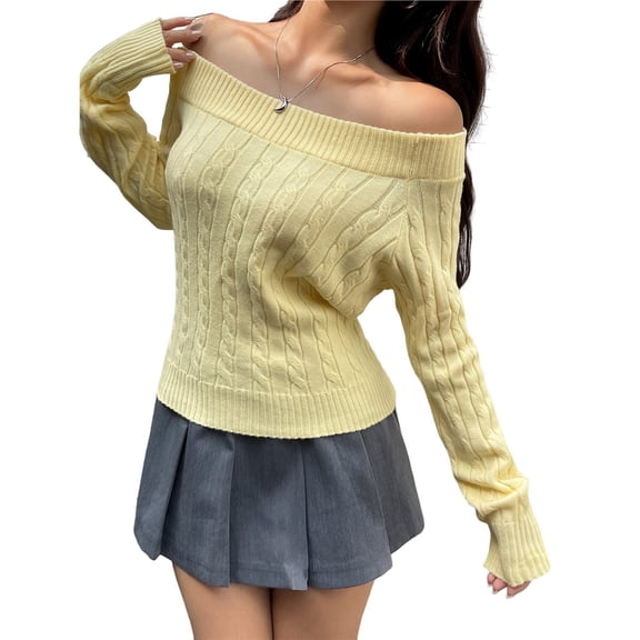 Off Shoulder Cable Knit Sweater Long Sleeve Pullover Casual Knitwear Trendy Y2k Sweater Yellow M