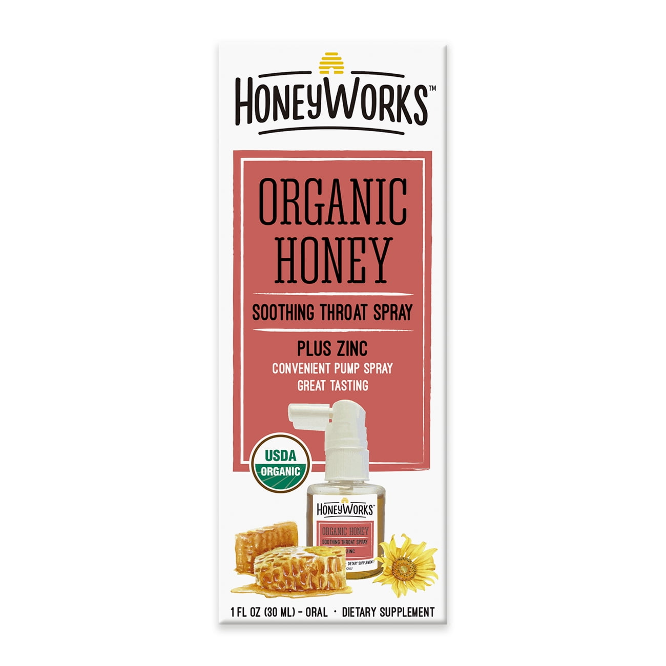 Honey Works Soothing Organic Honey Supplement for Sore Throat, 1 fl. oz. Spray Bottle