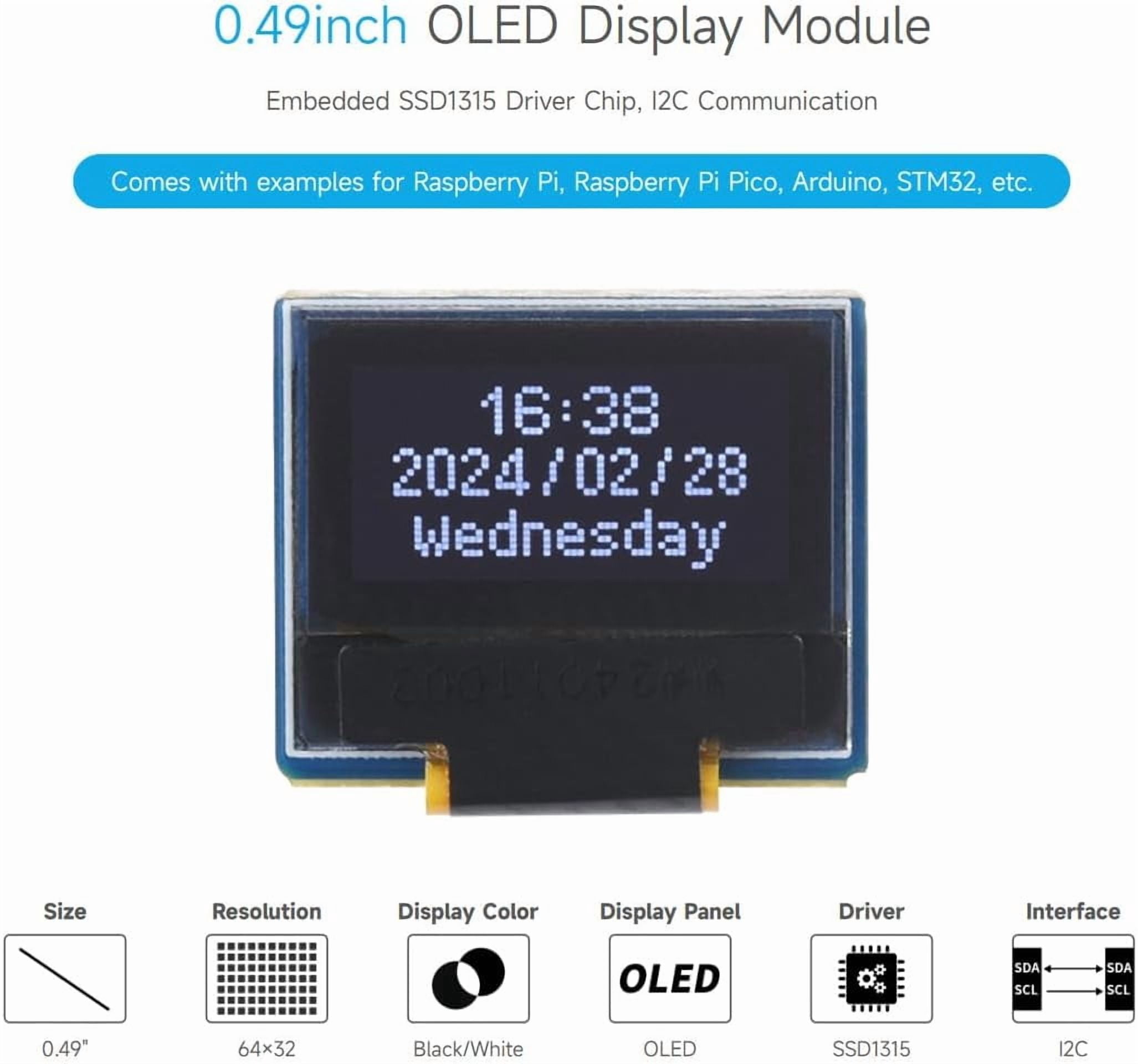 0.49inch OLED Display Module, Compatible with 5, 64×32 Resolution, I2C Communication, Black/White Display Color