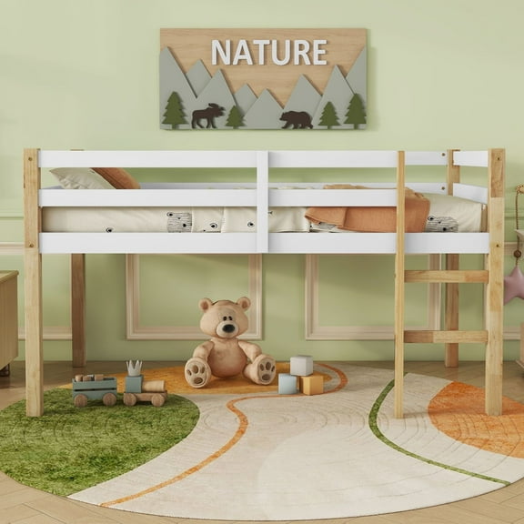 Noble House Twin Loft Bed, Rubber Wood Frame with Ladder, Guardrails & Strengthened Slat Platform, Natural & White