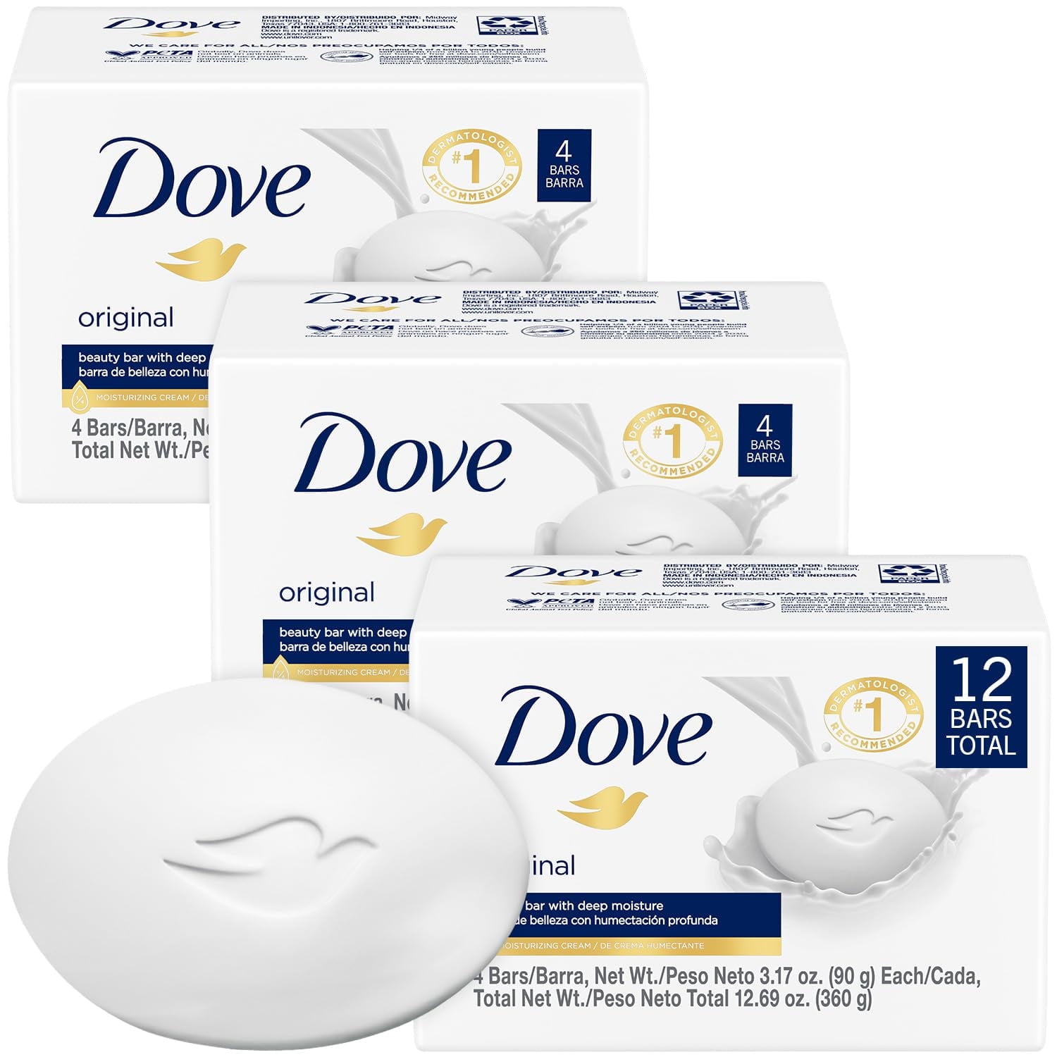 Dove Soap, Original Beauty Bar 3-Pack (12 Soap Bars) – 3-in-1 Moisturizing Face, Body & Hand Soap, 3.17 oz ea