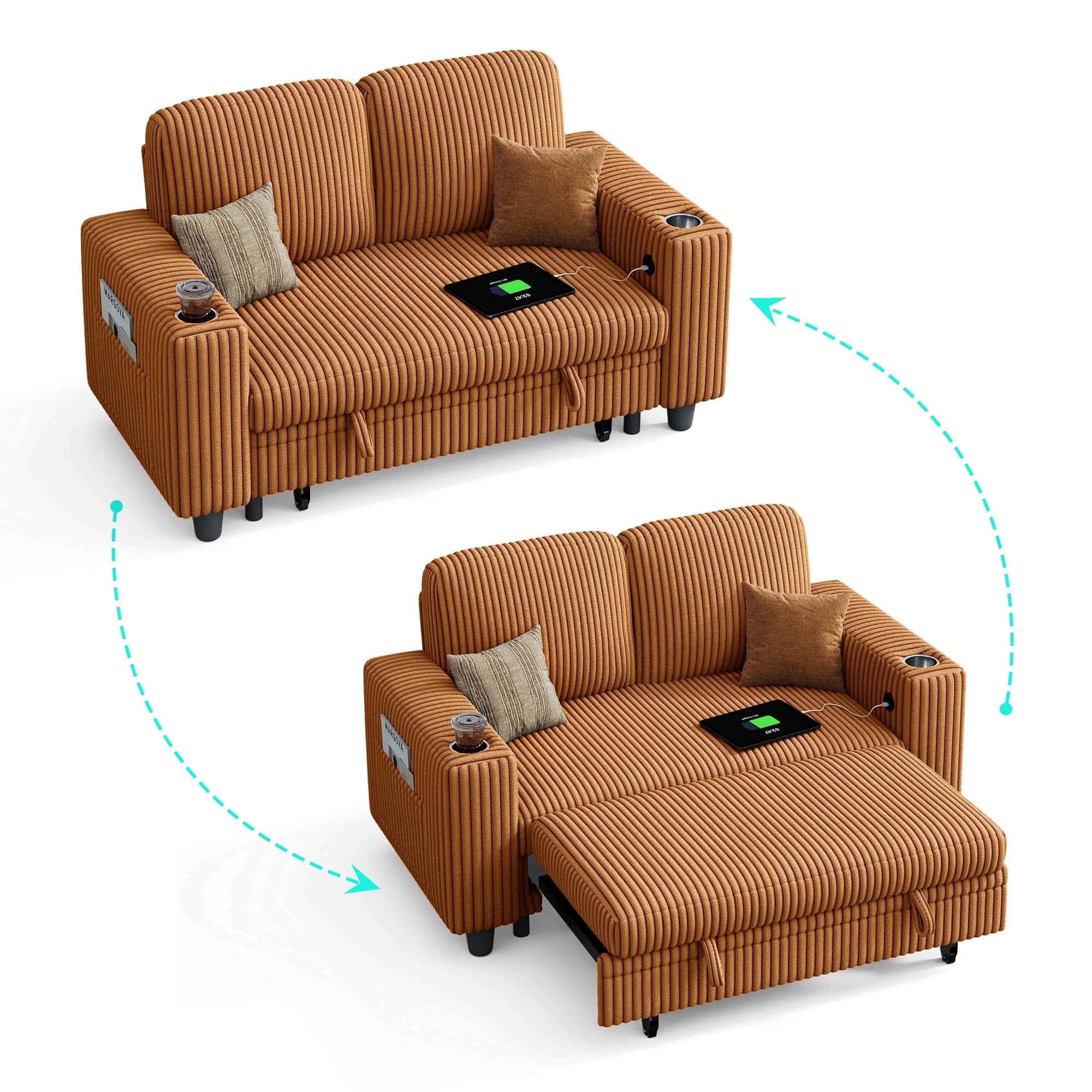LINSY HOME Pull Out Couch Chaise Lounge for Living Room, Convertible Loveseat Sofa Couch With Usb & Cup Holder, Brown