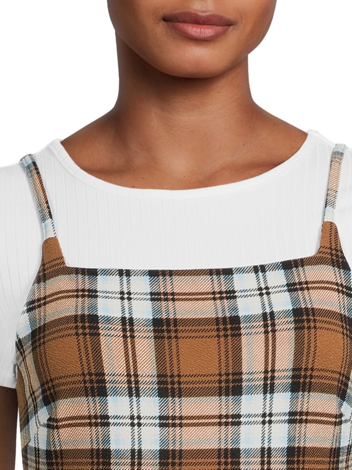 No Boundaries Juniors' Plaid Dress and Ribbed T-Shirt, 2-Piece Set