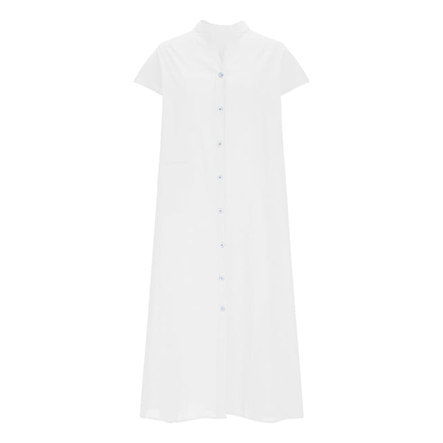Ovzne Robes pour Femmes Robe de Plage Mode Femmes Été Bouton Décontracté Uni Col en V Manches Courtes Robe Printemps Liquidation