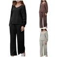 thumbnail image 1 of Jinhomg Two Piece Outfits for Women Going Out Solid Color Ribbed Knit Long Sleeve Shirts And Wide Leg Long Pants Coffee,XL, 1 of 5