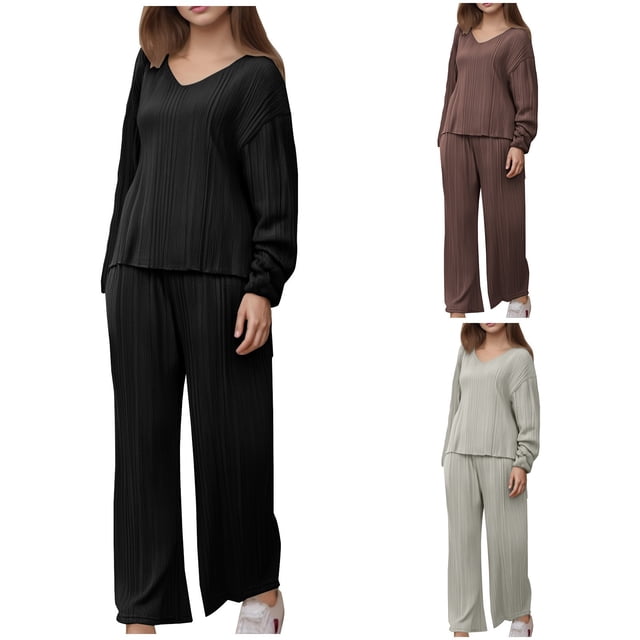 Jinhomg Two Piece Outfits for Women Going Out Solid Color Ribbed Knit Long Sleeve Shirts And Wide Leg Long Pants Coffee,XL