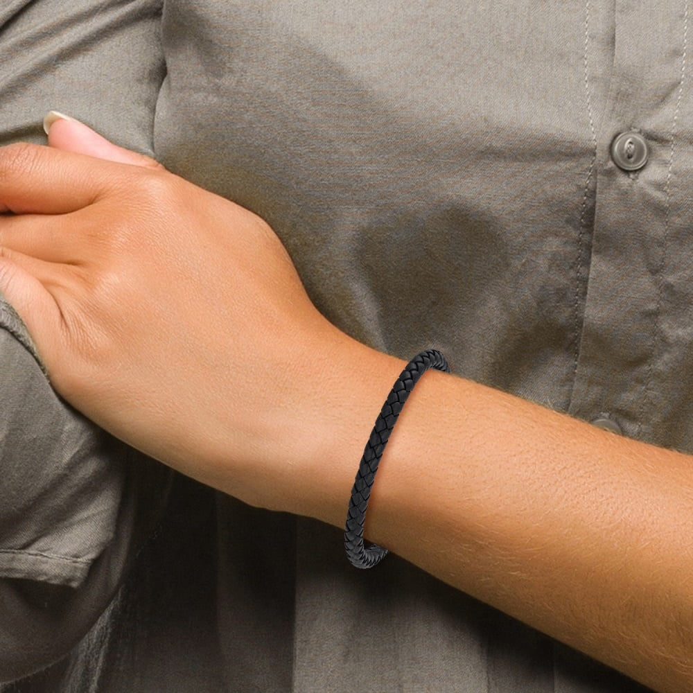 Diamond2Deal Stainless Steel Brushed and Polished Black Woven Leather Bracelet for Men 8.5"