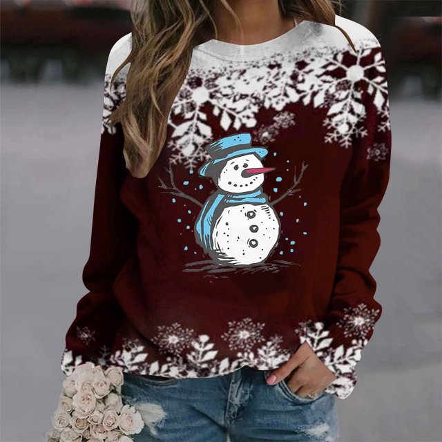 Pntutb Mujer Otoño e Invierno Casual Navidad Muñeco de nieve Impreso Cuello redondo Manga larga Jersey Blusa Sudadera tops Pntutb Pntutb-3965