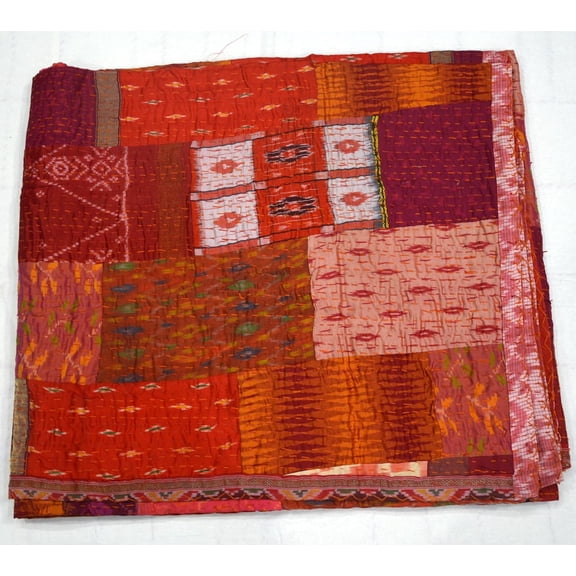 Marusthali Indian Silk Patchwork Kantha Quilts Handmade Twin Quilt Indian Silk Sari Kantha Quilted Quilt Cover Old Bohemian Vintage Patola Quilt